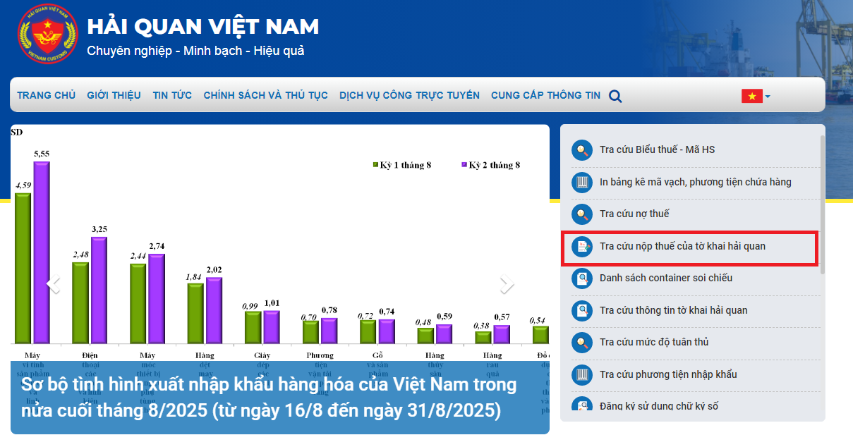 tra cứu nộp thuế tờ khai hải