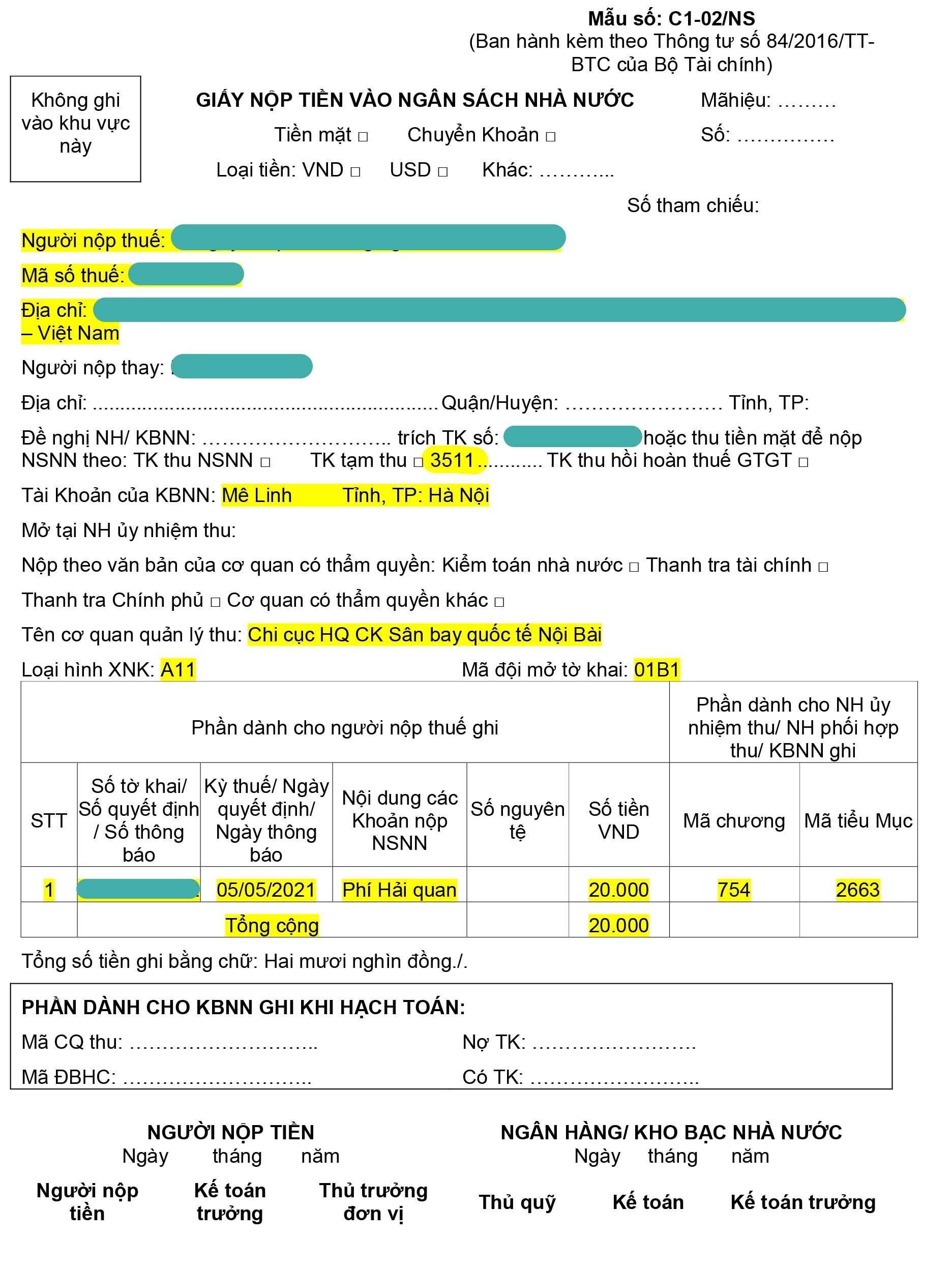 giấy nộp tiền vào ngân hàng nhà nước