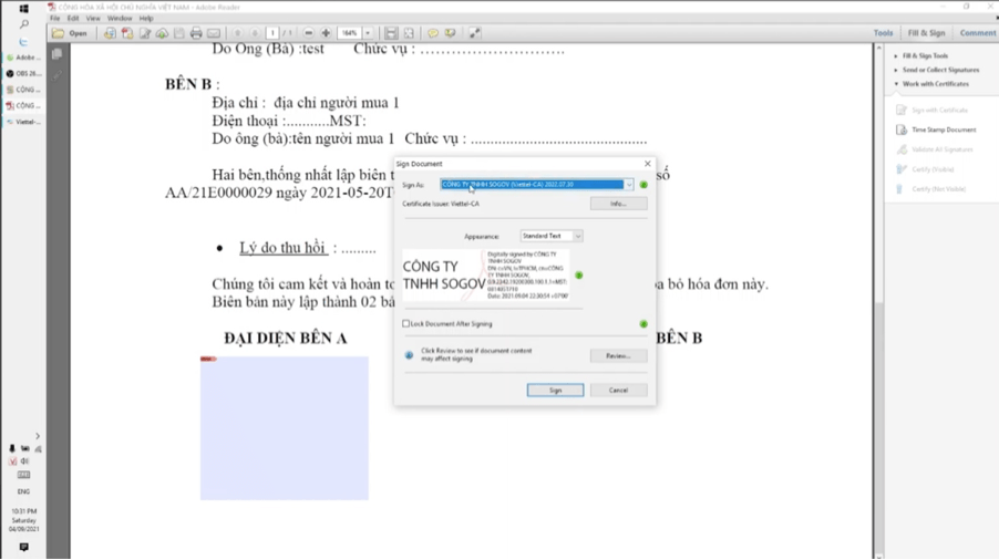 Các bước để ký chữ ký số trên file PDF Adobe Reader