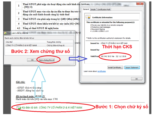 Kiểm tra thời hạn chữ ký số qua tờ khai được ký điện tử