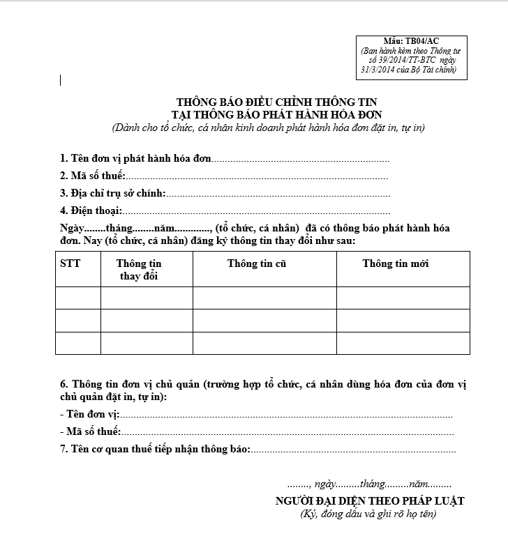 Mẫu Thông báo điều chỉnh thông tin hóa đơn