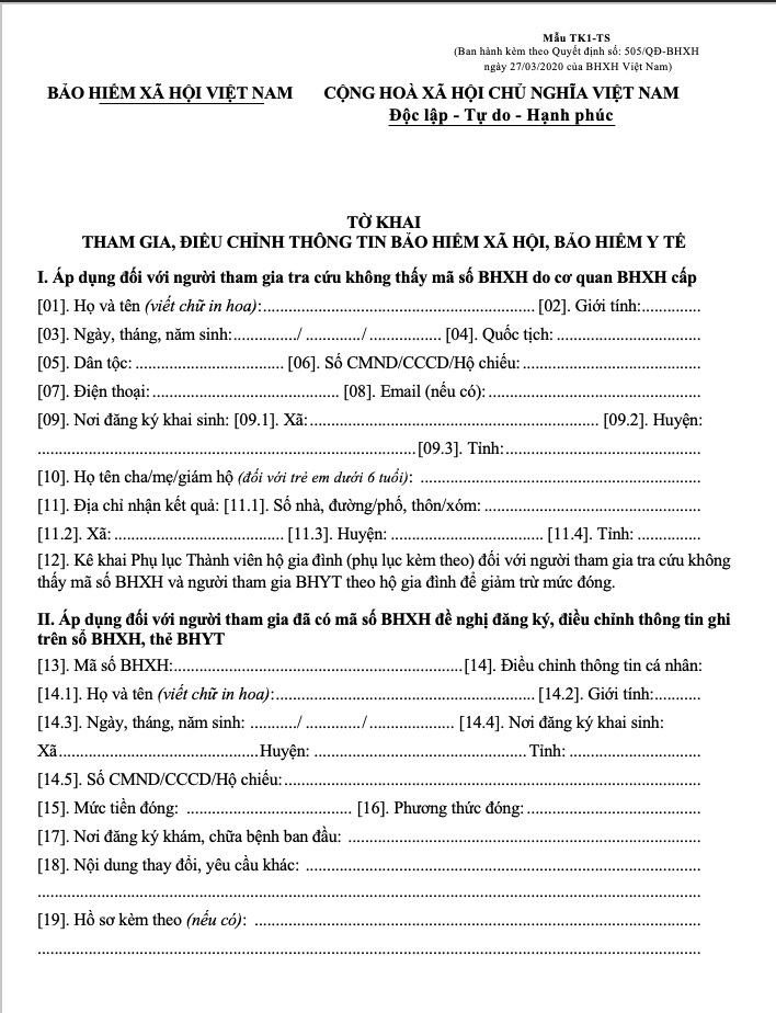 Mẫu tờ khai tham gia điều chỉnh thông tin BHXH, BHYT