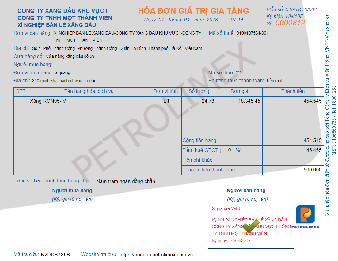 mẫu hoá đơn điện tử xăng dầu