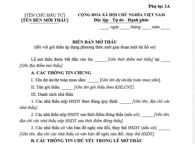 Mẫu Biên bản mở thầu mới nhất 2025 theo Thông tư 23/2024/TT-BKHĐT