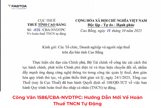 Công văn 1586/CBA-NVDTPC: Hướng dẫn mới về hoàn thuế TNCN tự động